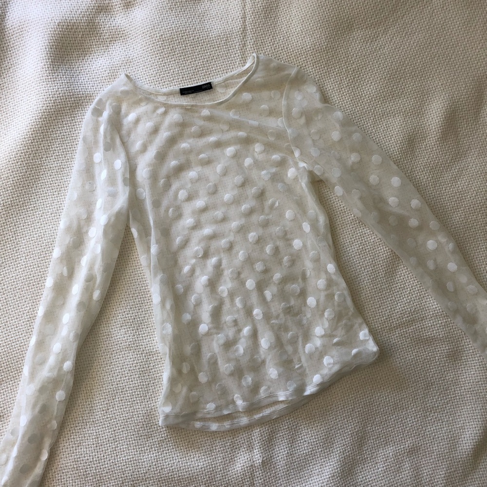 ZARA White Polkadot mesh long sleeves